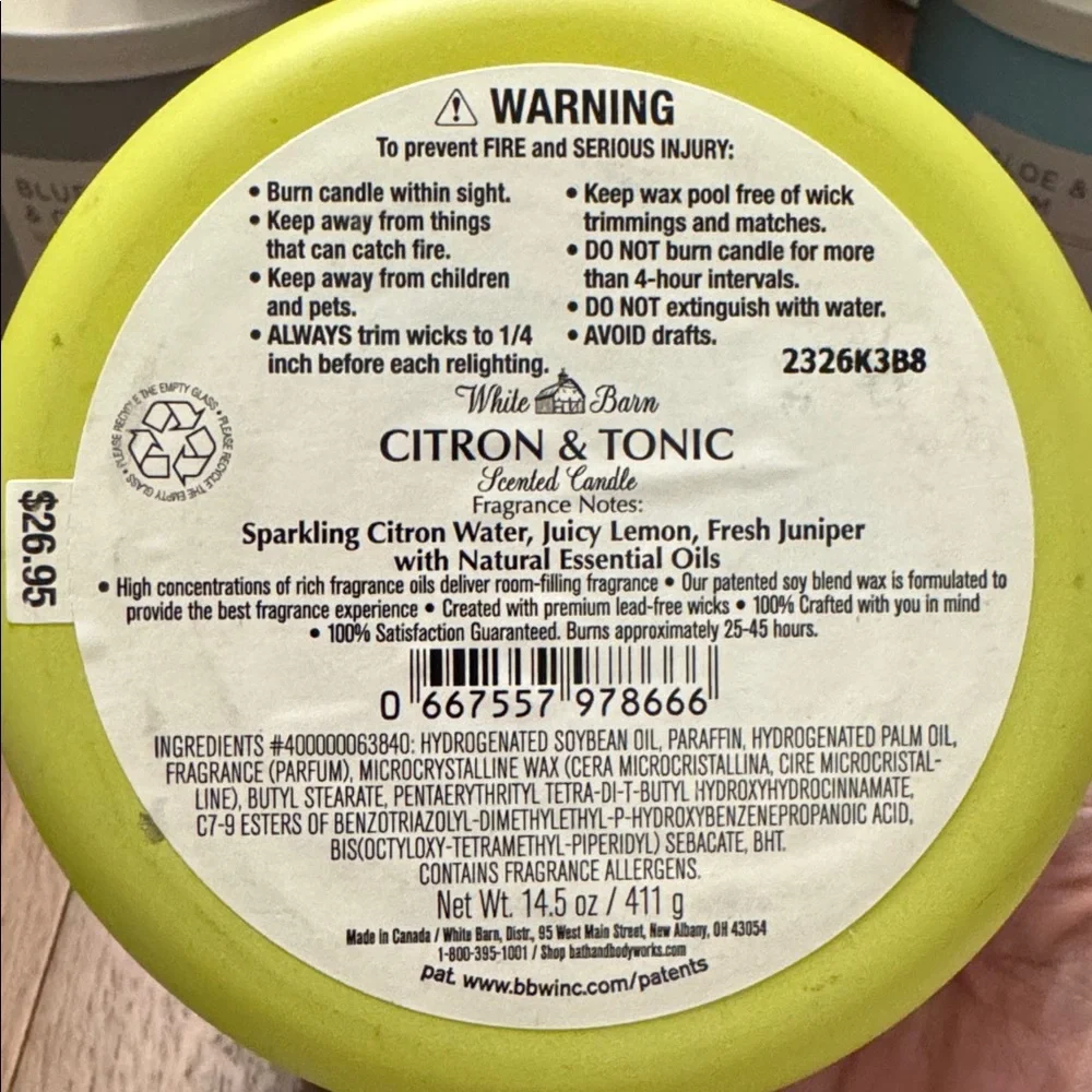 BBW / White Barn New 3-Wick Candle, Citron & Tonic - Discontinued